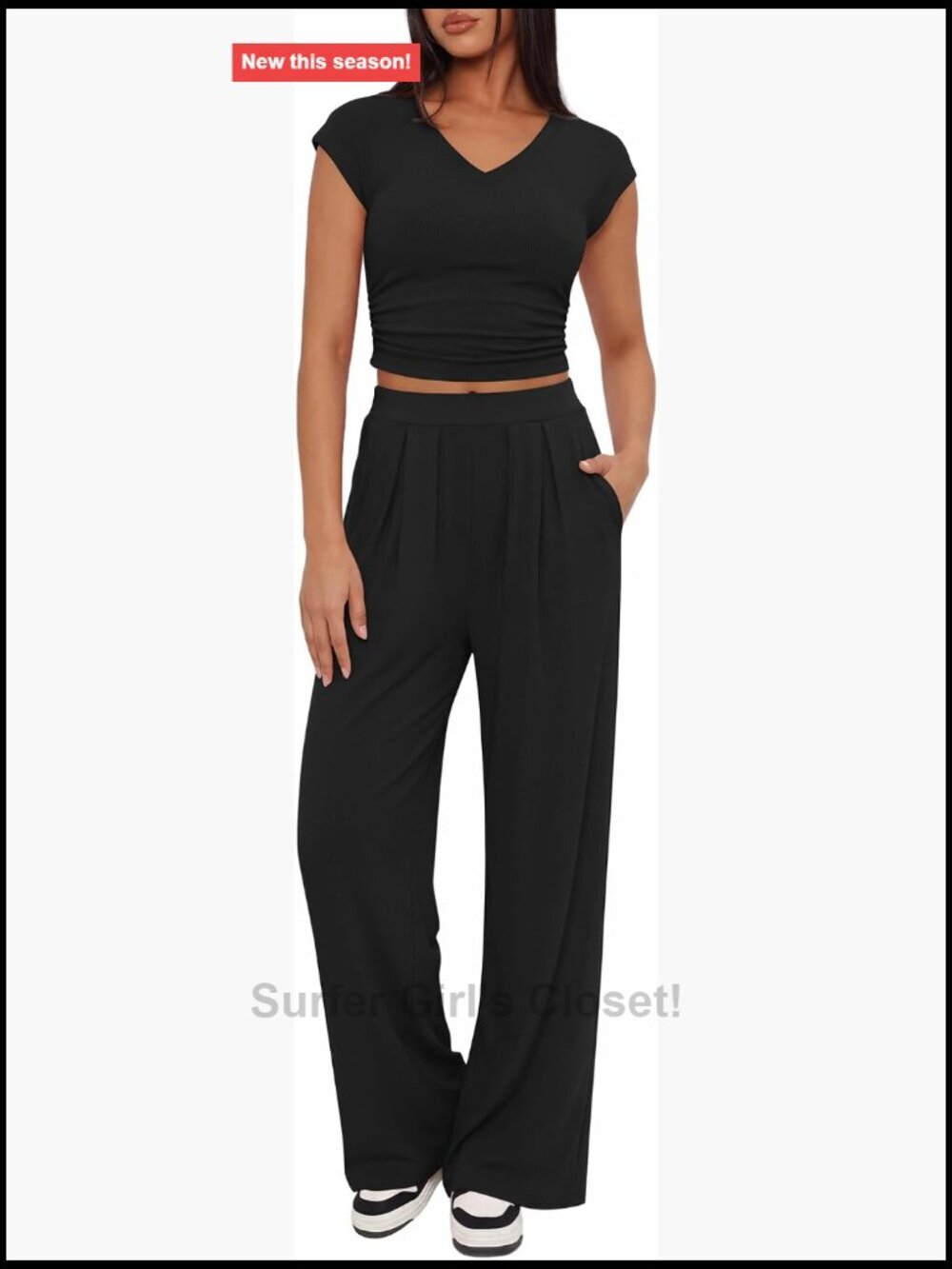 Rib Knit 2 Piece Lounge Set Cap Sleeve Ruched Top Wide Leg Pants